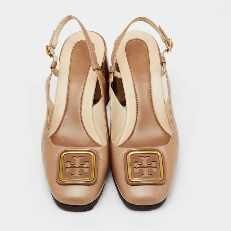 Pre Owned Tory Burch Brown Leather Georgia Slingback Block Heel Pumps Size 37