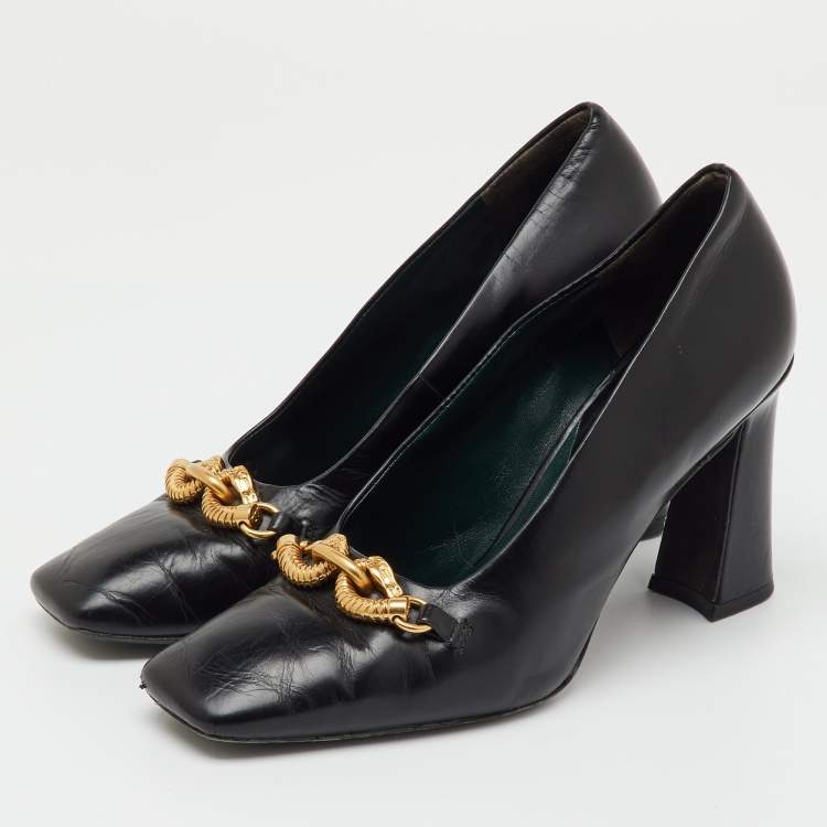 Pre Owned Tory Burch Black Leather Jessa Block Heel Pumps Size 37