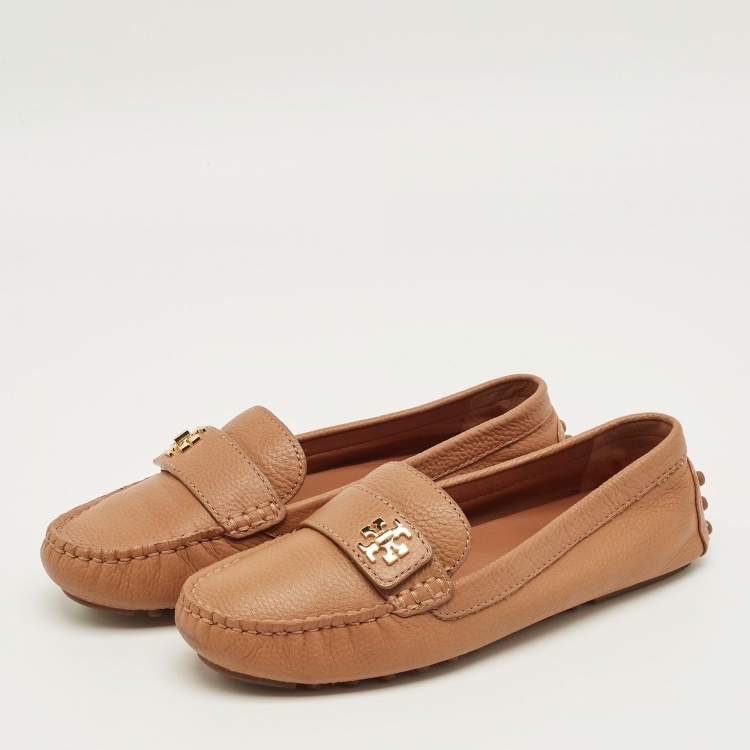 Pre Owned Tory Burch Brown Leather Kira Slip On Loafers Size 37
