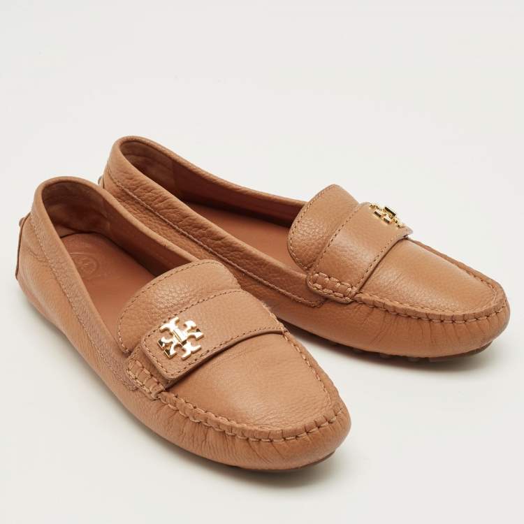 Pre Owned Tory Burch Brown Leather Kira Slip On Loafers Size 37