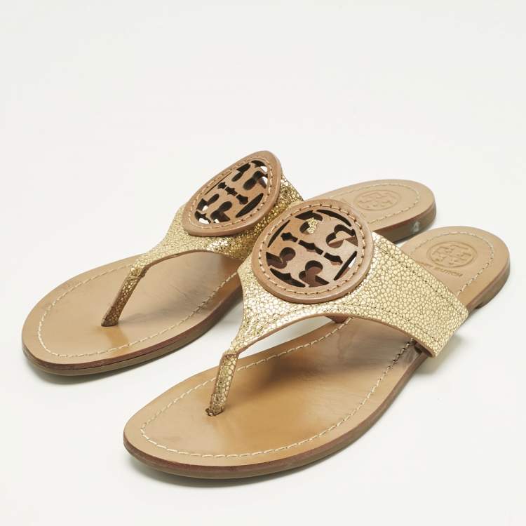 Pre Owned Tory Burch Gold Leather Louisa Thong Flat Sandals Size 38