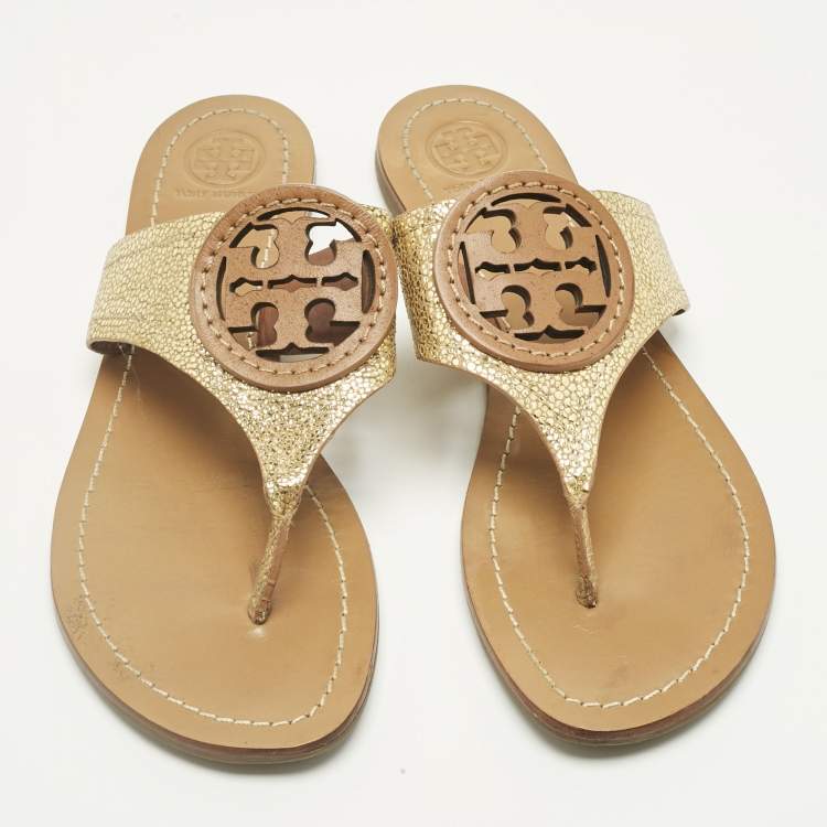 Pre Owned Tory Burch Gold Leather Louisa Thong Flat Sandals Size 38