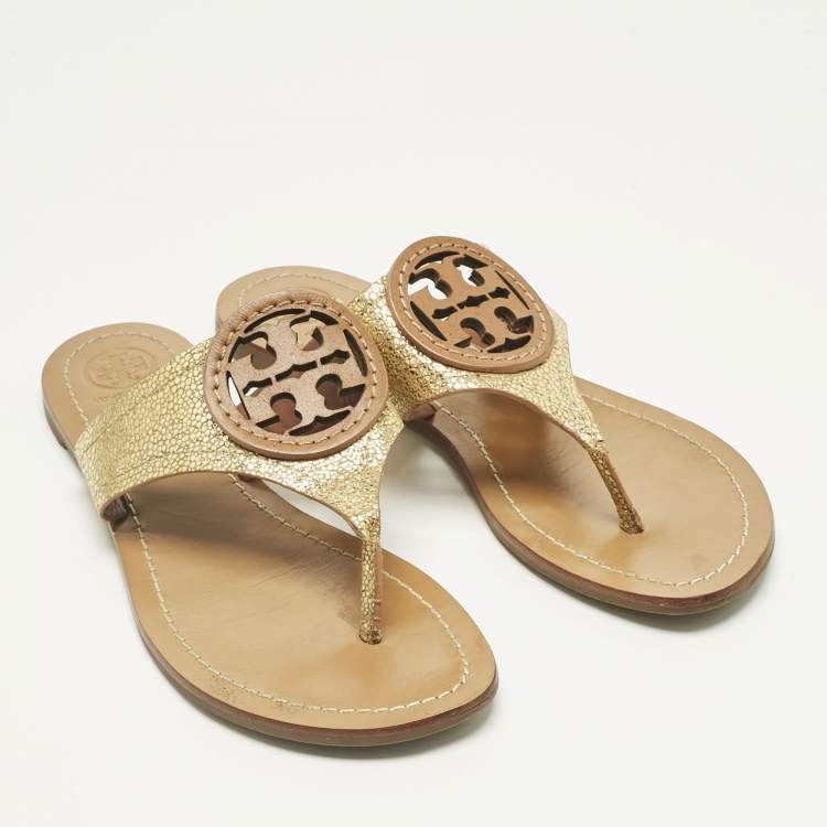 Pre Owned Tory Burch Gold Leather Louisa Thong Flat Sandals Size 38