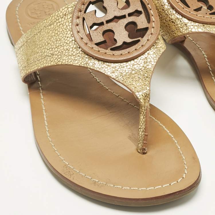 Pre Owned Tory Burch Gold Leather Louisa Thong Flat Sandals Size 38