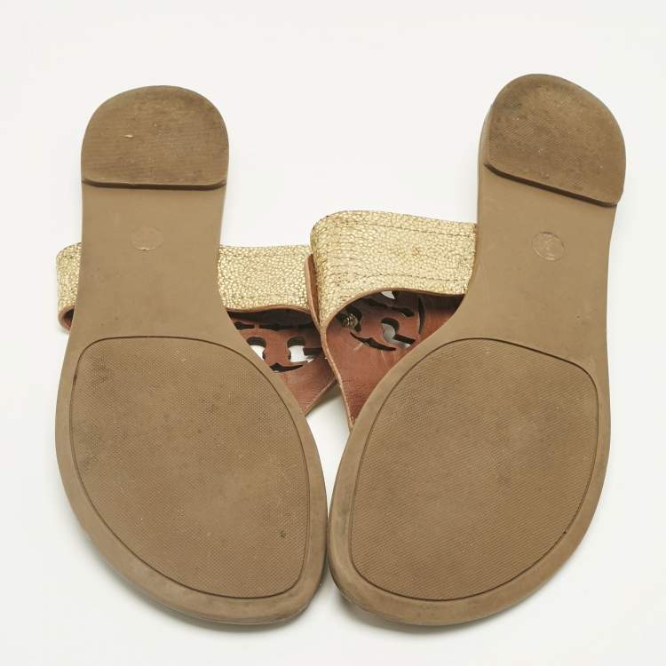 Pre Owned Tory Burch Gold Leather Louisa Thong Flat Sandals Size 38