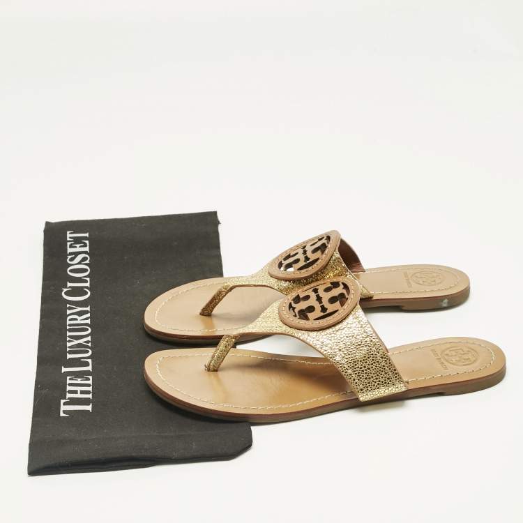 Pre Owned Tory Burch Gold Leather Louisa Thong Flat Sandals Size 38