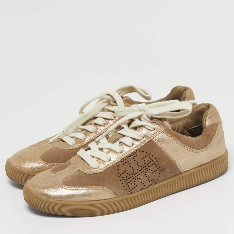 Pre Owned Tory Burch Beige/Gold Suede and Metallic Leather Perforated Logo Sneakers Size 38.5