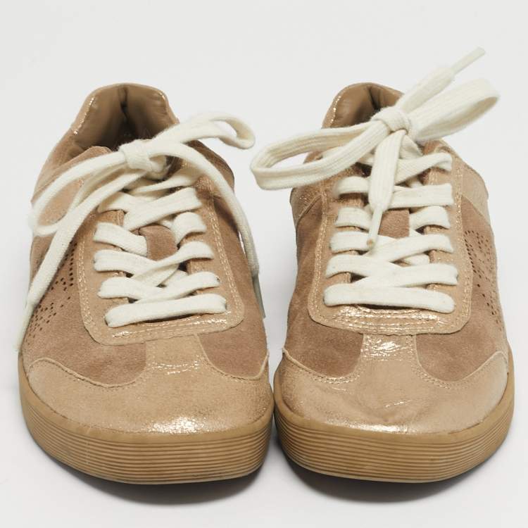 Pre Owned Tory Burch Beige/Gold Suede and Metallic Leather Perforated Logo Sneakers Size 38.5