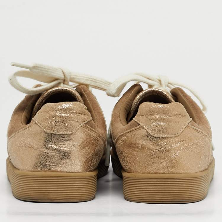 Pre Owned Tory Burch Beige/Gold Suede and Metallic Leather Perforated Logo Sneakers Size 38.5