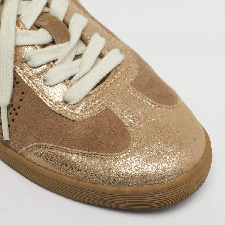 Pre Owned Tory Burch Beige/Gold Suede and Metallic Leather Perforated Logo Sneakers Size 38.5
