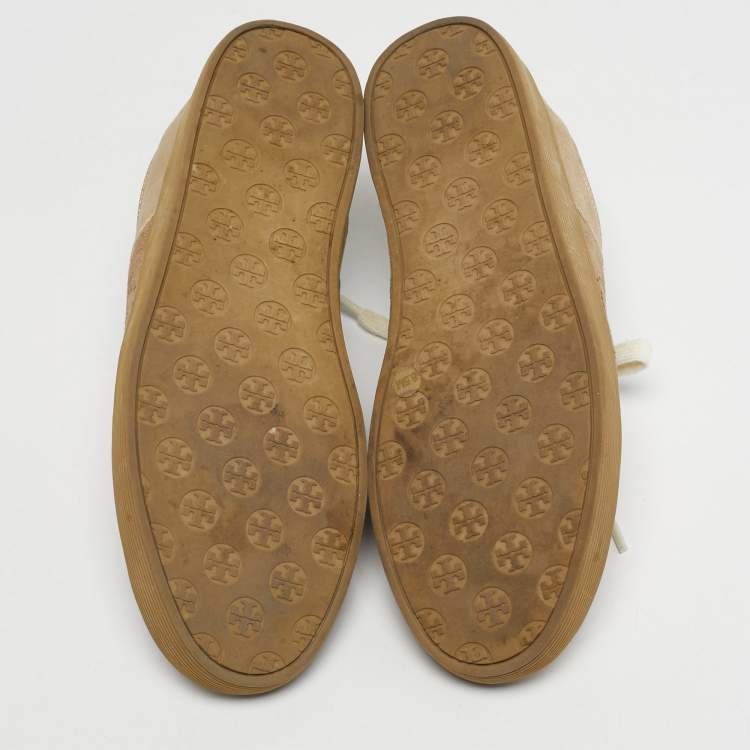 Pre Owned Tory Burch Beige/Gold Suede and Metallic Leather Perforated Logo Sneakers Size 38.5