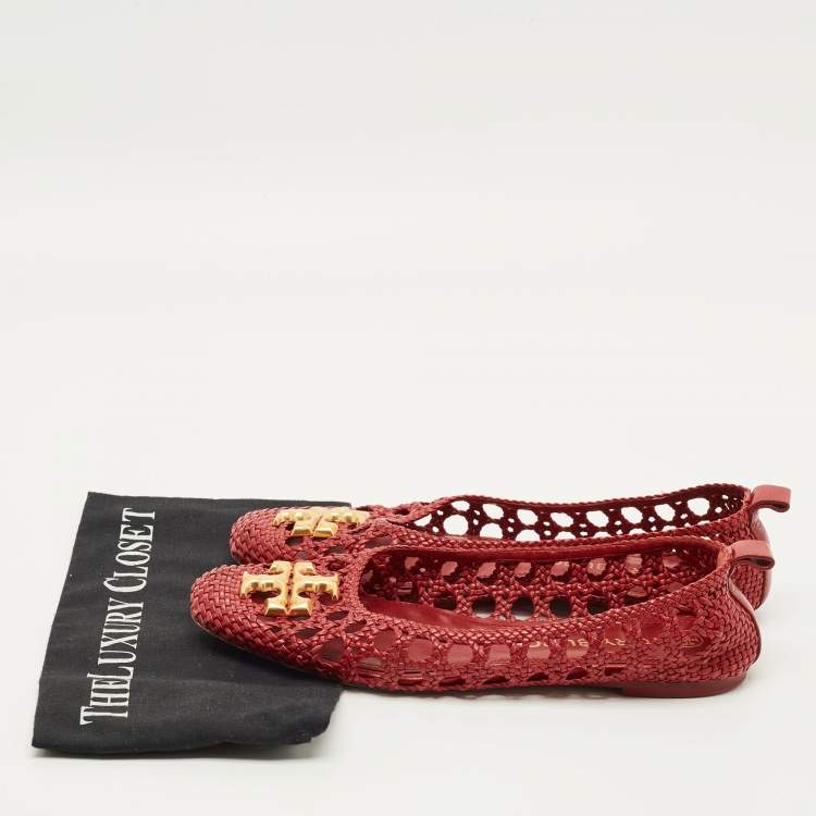 Pre Owned Tory Burch Eleanor Size 40.5 Red Woven Leather Ballet Flats