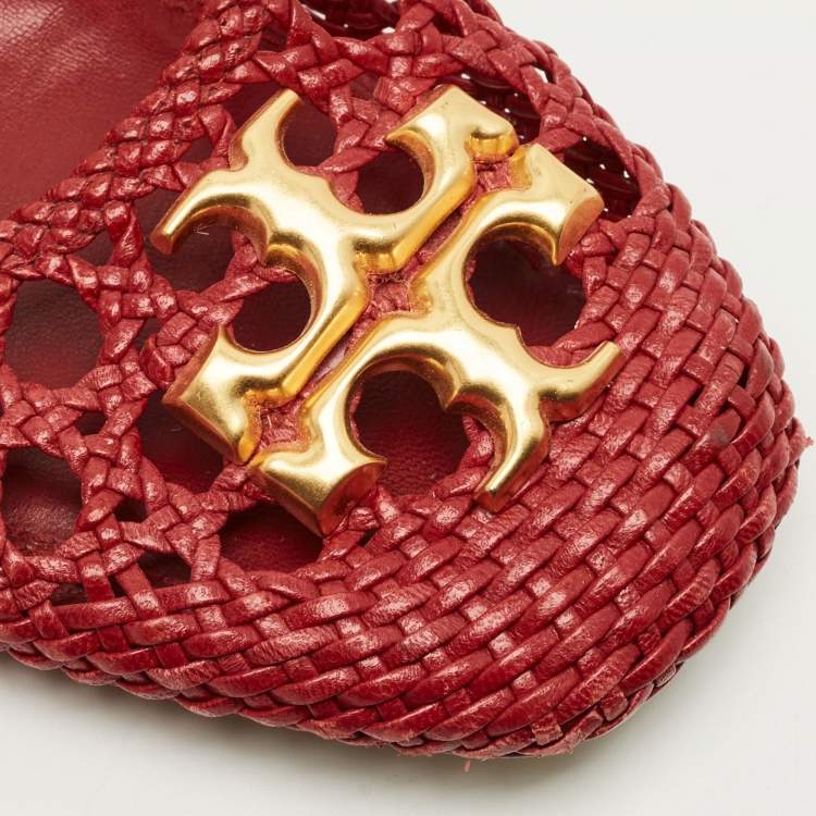 Pre Owned Tory Burch Eleanor Size 40.5 Red Woven Leather Ballet Flats