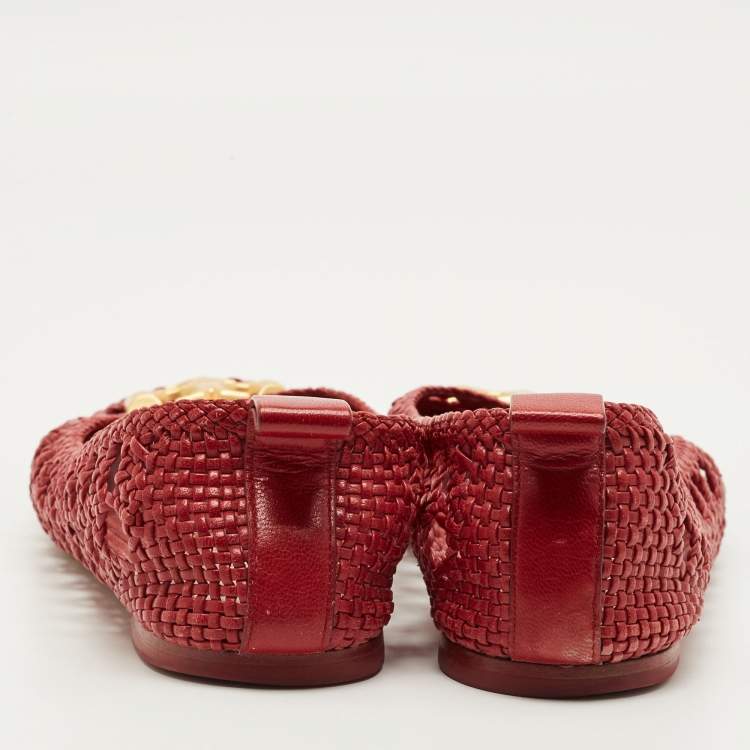 Pre Owned Tory Burch Eleanor Size 40.5 Red Woven Leather Ballet Flats