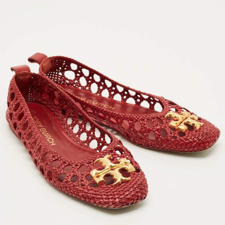 Pre Owned Tory Burch Eleanor Size 40.5 Red Woven Leather Ballet Flats