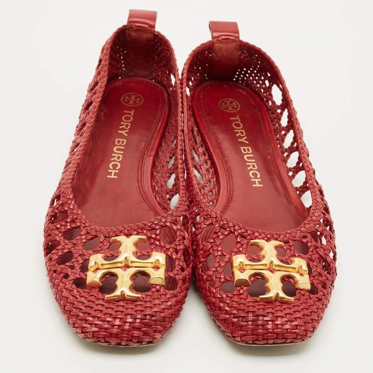 Pre Owned Tory Burch Eleanor Size 40.5 Red Woven Leather Ballet Flats