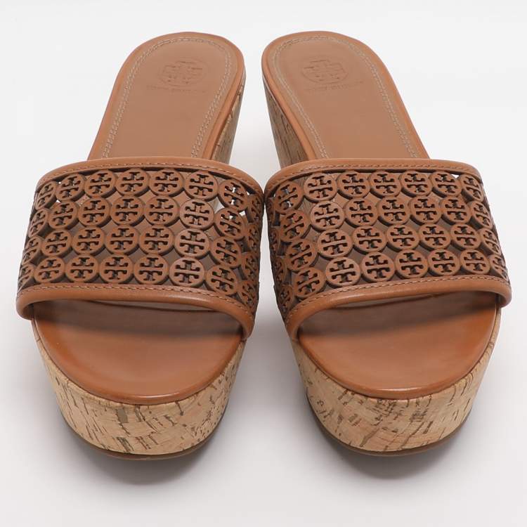 Pre Owned Tory Burch Elaine Size 40 Brown Laser Cut Leather Platform Slide Sandals