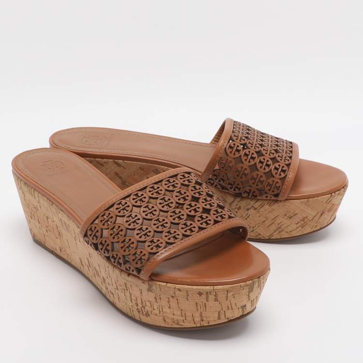 Pre Owned Tory Burch Elaine Size 40 Brown Laser Cut Leather Platform Slide Sandals