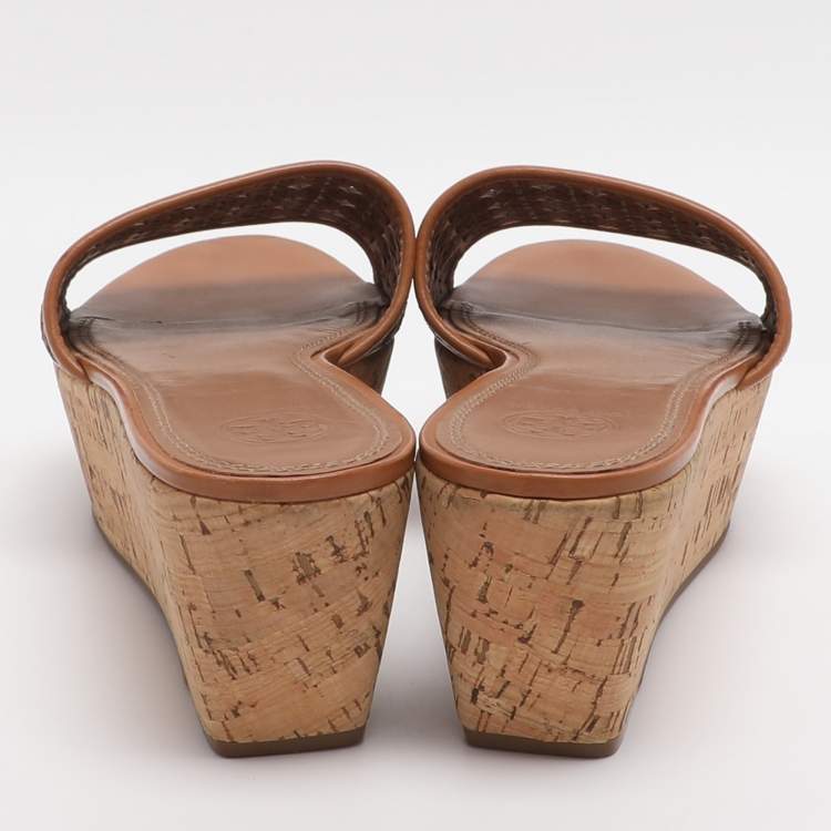 Pre Owned Tory Burch Elaine Size 40 Brown Laser Cut Leather Platform Slide Sandals