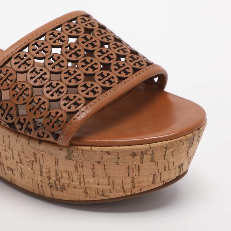 Pre Owned Tory Burch Elaine Size 40 Brown Laser Cut Leather Platform Slide Sandals