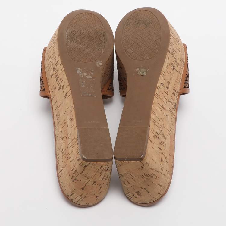 Pre Owned Tory Burch Elaine Size 40 Brown Laser Cut Leather Platform Slide Sandals