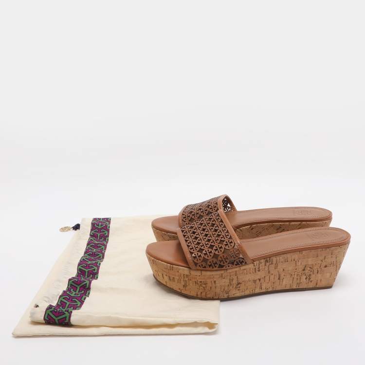 Pre Owned Tory Burch Elaine Size 40 Brown Laser Cut Leather Platform Slide Sandals