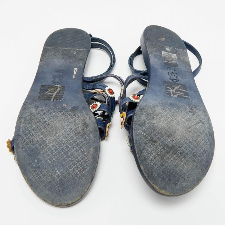 Pre Owned Tory Burch Size 37.5 Blue Leather  Floral Appliquéd Ankle Wrap Flat Sandals