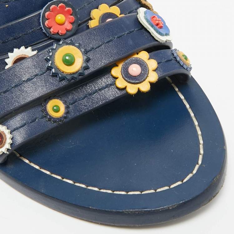 Pre Owned Tory Burch Size 37.5 Blue Leather  Floral Appliquéd Ankle Wrap Flat Sandals