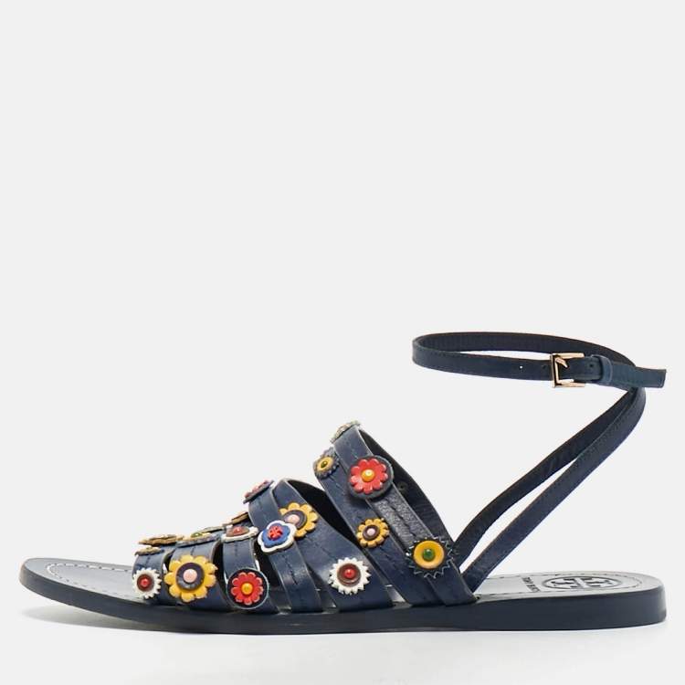 Pre Owned Tory Burch Size 37.5 Blue Leather  Floral Appliquéd Ankle Wrap Flat Sandals