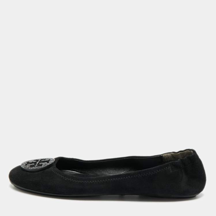 Pre Owned Tory Burch Minnie Travel Size 38 Black Suede Ballet Flats