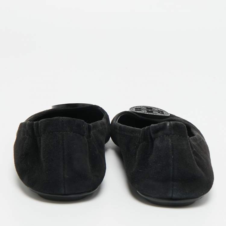 Pre Owned Tory Burch Minnie Travel Size 38 Black Suede Ballet Flats