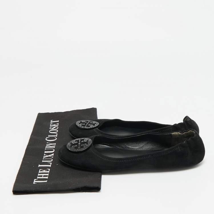 Pre Owned Tory Burch Minnie Travel Size 38 Black Suede Ballet Flats