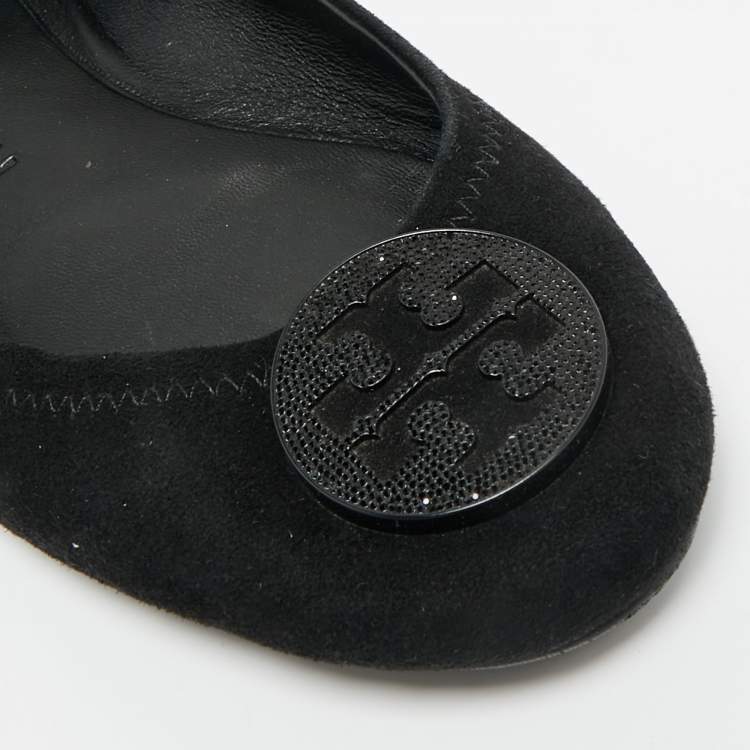 Pre Owned Tory Burch Minnie Travel Size 38 Black Suede Ballet Flats