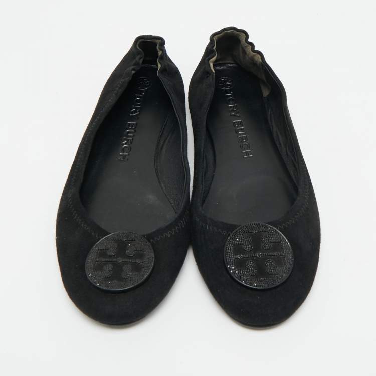 Pre Owned Tory Burch Minnie Travel Size 38 Black Suede Ballet Flats