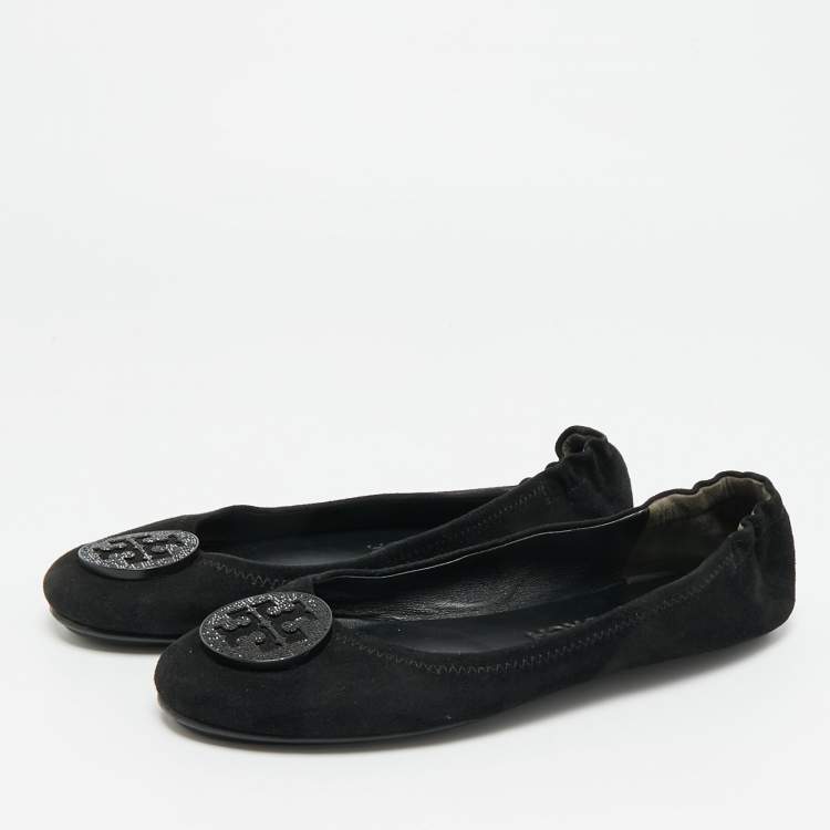 Pre Owned Tory Burch Minnie Travel Size 38 Black Suede Ballet Flats