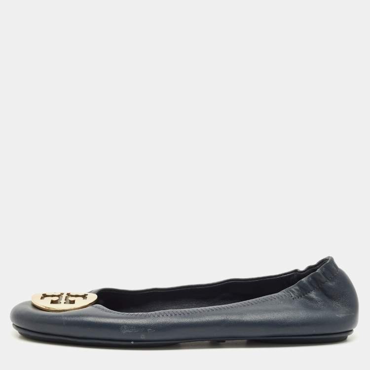 Pre Owned Tory Burch Minnie Size 38.5 Navy Blue Leather Ballet Flats