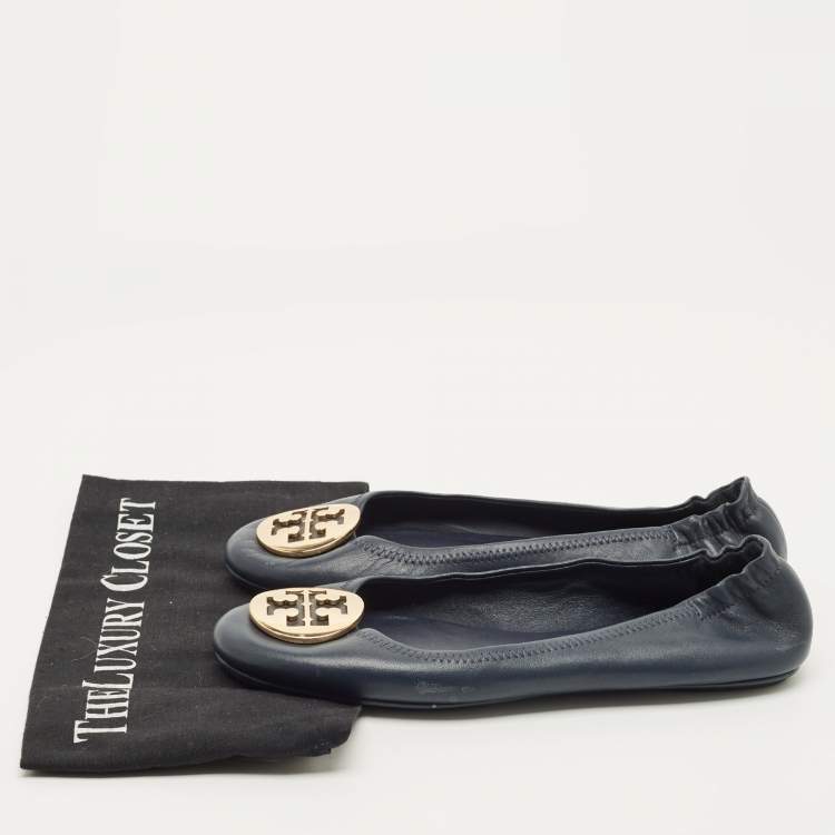 Pre Owned Tory Burch Minnie Size 38.5 Navy Blue Leather Ballet Flats