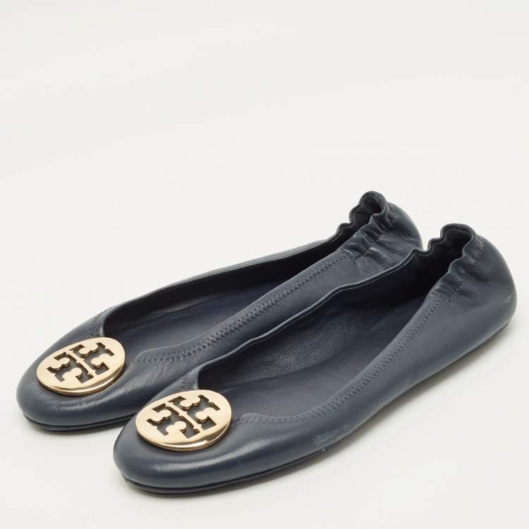 Pre Owned Tory Burch Minnie Size 38.5 Navy Blue Leather Ballet Flats