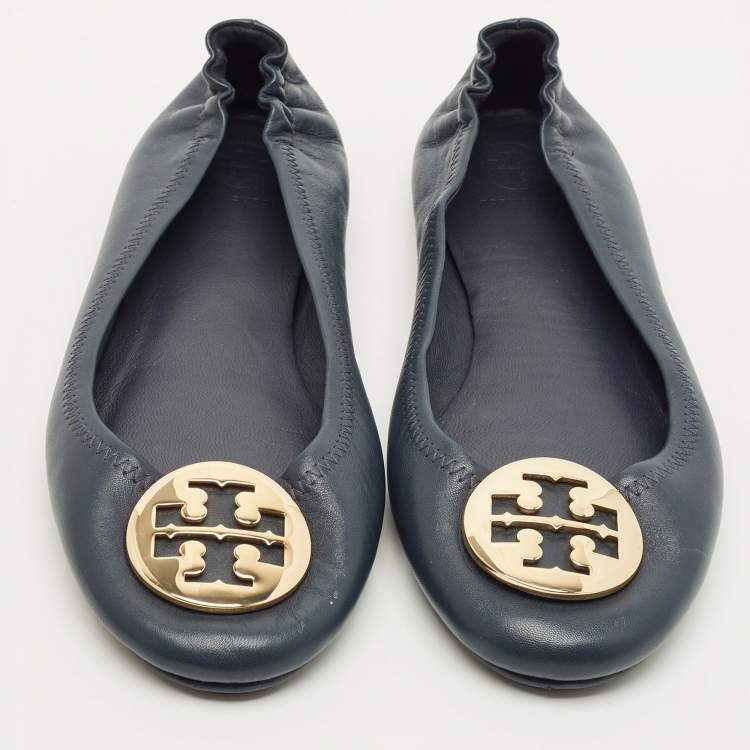 Pre Owned Tory Burch Minnie Size 38.5 Navy Blue Leather Ballet Flats