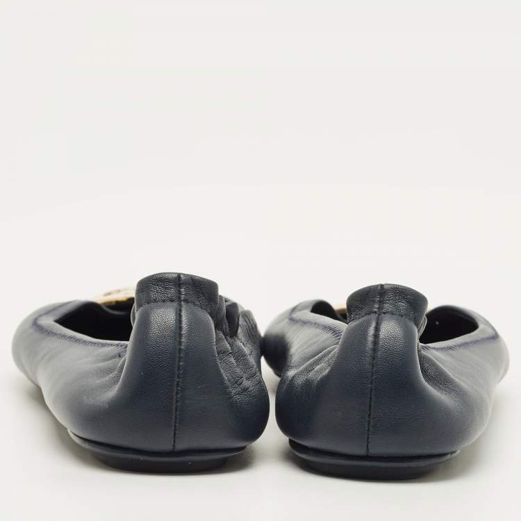 Pre Owned Tory Burch Minnie Size 38.5 Navy Blue Leather Ballet Flats