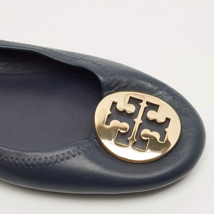 Pre Owned Tory Burch Minnie Size 38.5 Navy Blue Leather Ballet Flats