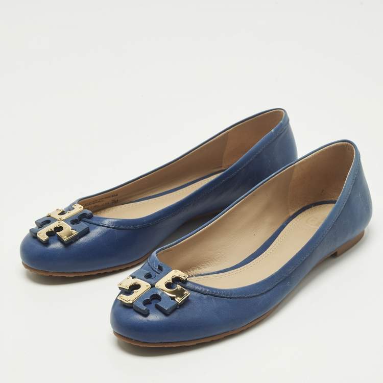 Pre Owned Tory Burch Lowell Size 37 Navy Blue Leather Ballet Flats