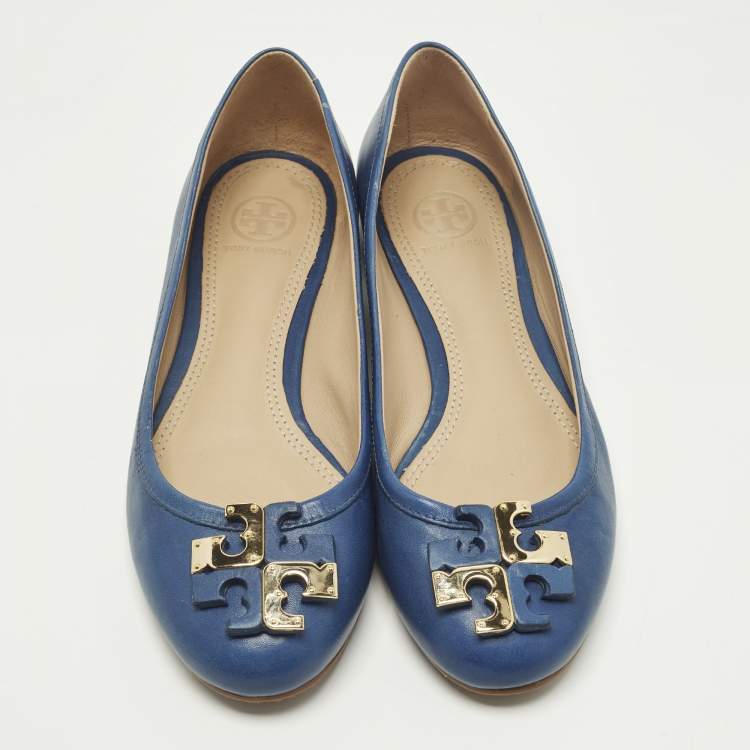Pre Owned Tory Burch Lowell Size 37 Navy Blue Leather Ballet Flats