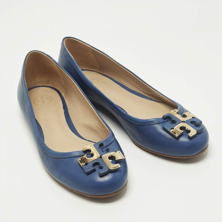 Pre Owned Tory Burch Lowell Size 37 Navy Blue Leather Ballet Flats