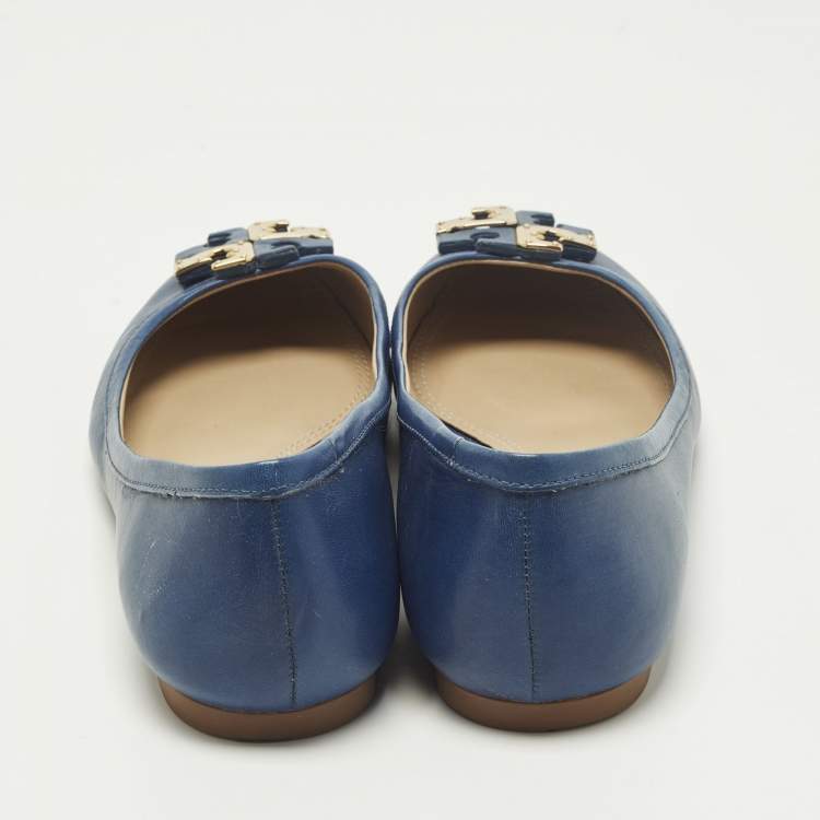Pre Owned Tory Burch Lowell Size 37 Navy Blue Leather Ballet Flats