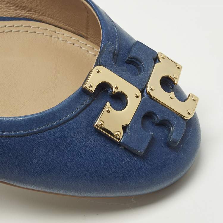 Pre Owned Tory Burch Lowell Size 37 Navy Blue Leather Ballet Flats