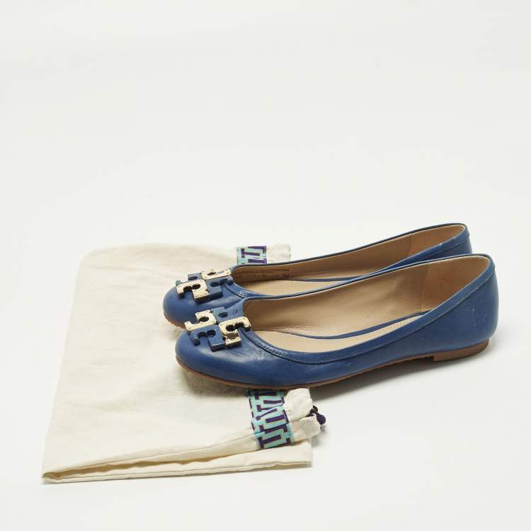 Pre Owned Tory Burch Lowell Size 37 Navy Blue Leather Ballet Flats