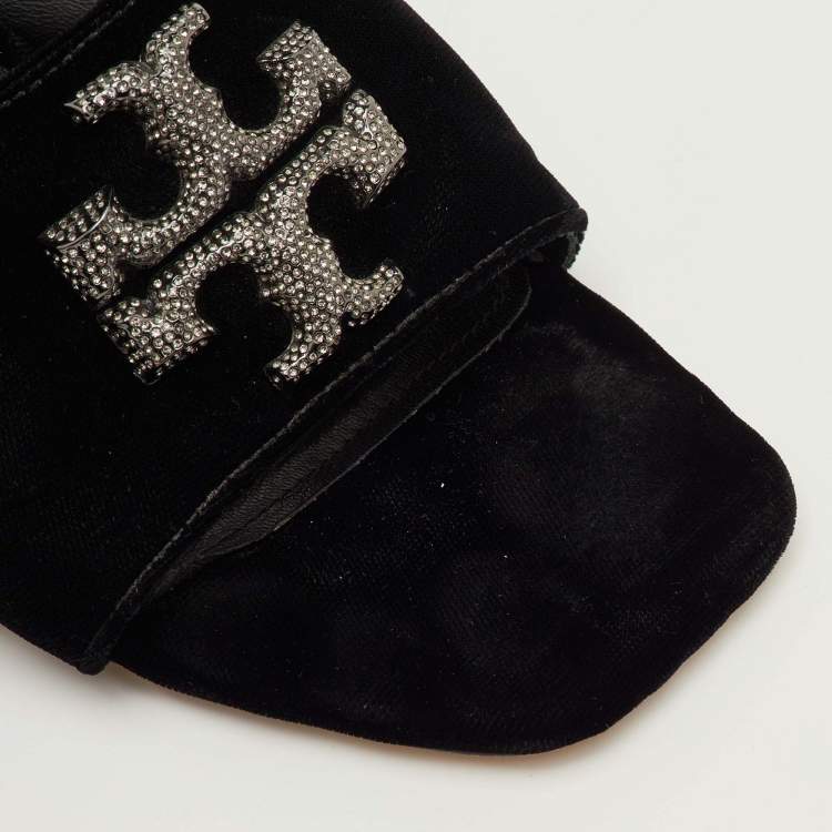 Pre Owned Tory Burch Size 39 Black Crystal Embellished Velvet Mules