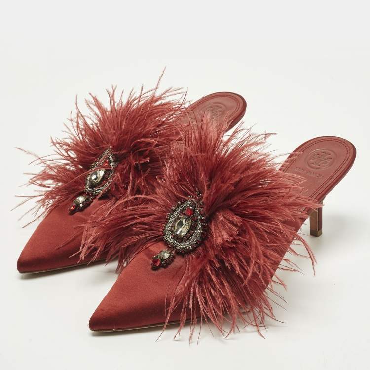 مملوكة مسبقًا Tory Burch Size 39.5 Burgundy Satin Elodie Feather Crystal Embellished Mules