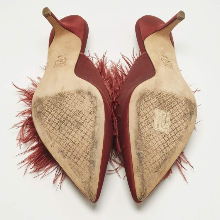 مملوكة مسبقًا Tory Burch Size 39.5 Burgundy Satin Elodie Feather Crystal Embellished Mules
